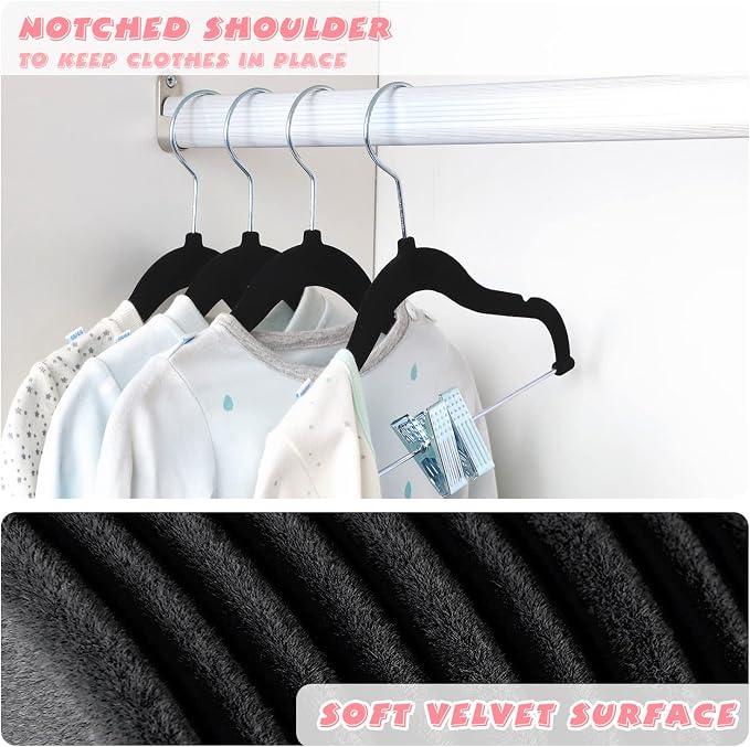ManGotree 11.8'' Baby Velvet Hangers with Movable Clips, Non-Slip Kids Clothes Hangers, Ultra-Thin Space-Saving Children's Felt Hangers for Shirts, Pants, Dresses, Skirts, Jackets (16 Pack, Black)