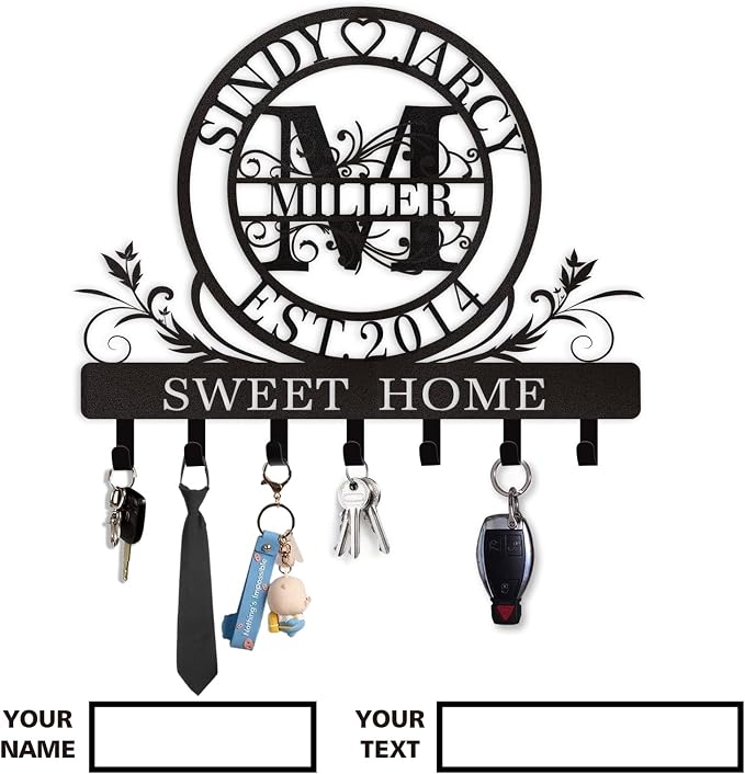 Dyoart Personalized Key Holder for Wall, Custom Family Name Metal Wall Key Hanger, Key Hooks with Monogram Design, Key Rack Holder Wall Mount for Living Room Bedroom, Anniversary Couple Gift