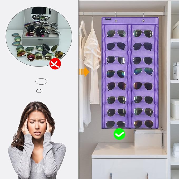 Over the Door Hanging Sunglasses Organizer Storage Sunglass Rack Holder Eyewear Display Case with 16 Clear Dust Proof Pockets (16 Pockets-Purple)