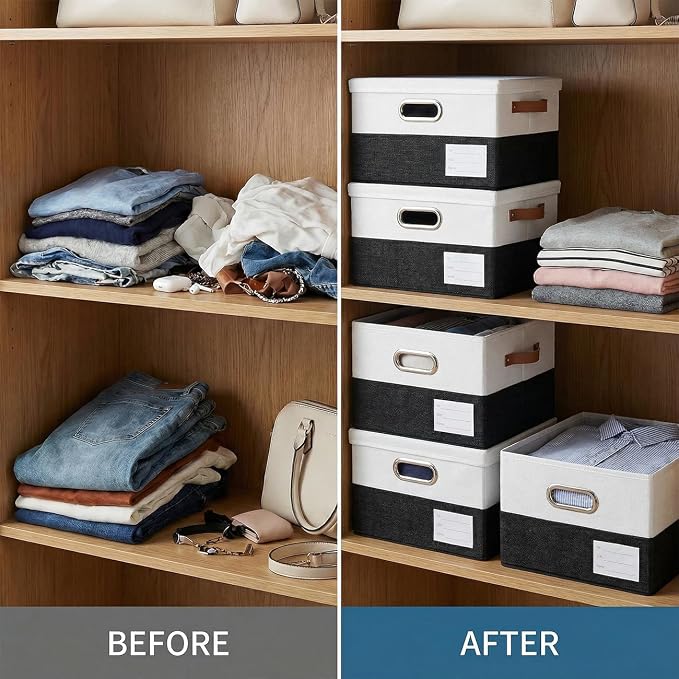 PRANDOM Storage Bins with Lids [3-Pack] Linen Fabric Foldable Storage Boxes Organizer Containers Baskets Cube with Cover for Bedroom Closet Office Black & White（11.4X8.6X6.7