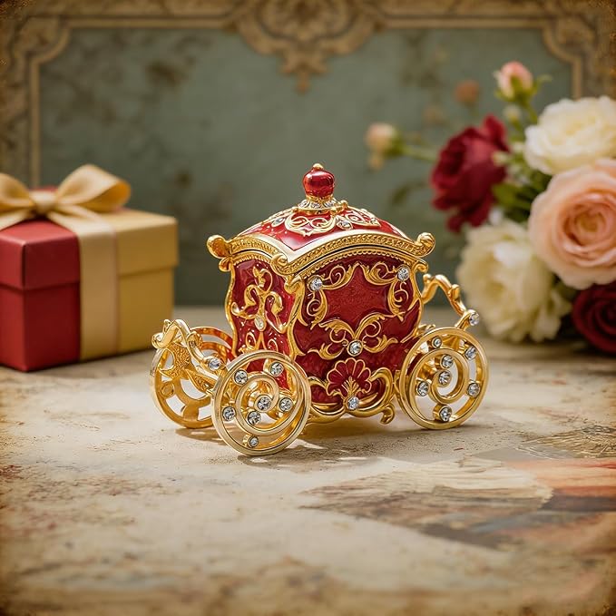 Retro Carriage Jewelry Trinket Box Enamel Ring Hold Boxes Hand-Painted Vintage Ornaments Craft Gift for Women Girls (Red)