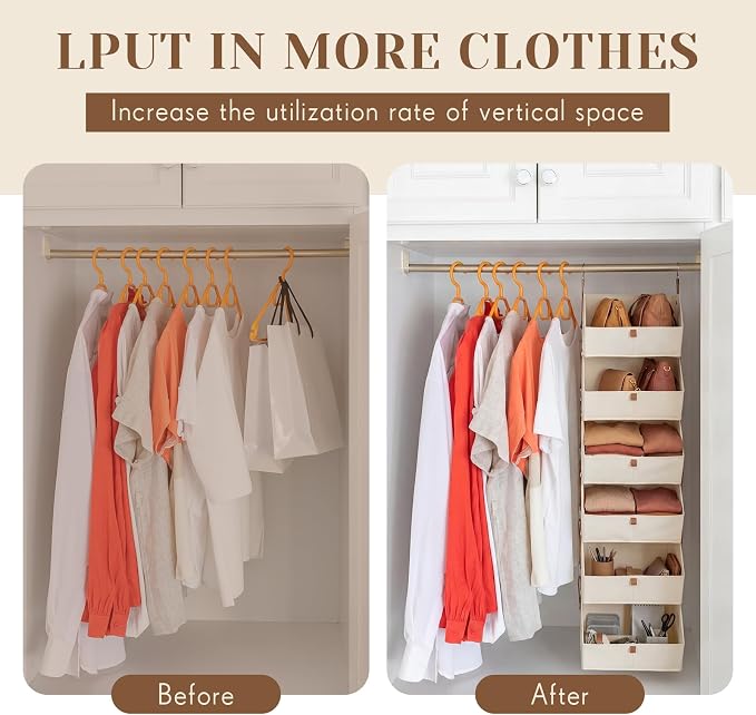 Hanging Closet Organizer 6 Tier Clothes Hanging Shelves with Hooks Zipper, Fabric Storage Bins Space Saving Closet System Collapsible Basket for Sweater Handbags, Laundry Bedroom Rv Dorm Home