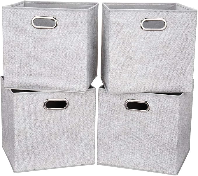 Cloth Storage Bins Set of 4 Thick Fabric Drawers Foldable Cubes Basket Organizer Container with Dual Metal Handles for Shelf Cabinet Bookcase Boxes Grey-White 13x13x13 inch