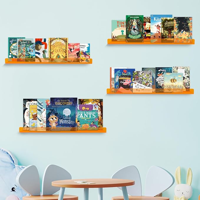 Dezzer 6 Pack Acrylic Shelves for Wall, 15" Acrylic Floating Shelves for Bathroom Bedroom, Invisible Bookshelf Wall Ledge Storage Shelf Books Perfume Toys Action Figure Display Shelves, Clear Orange