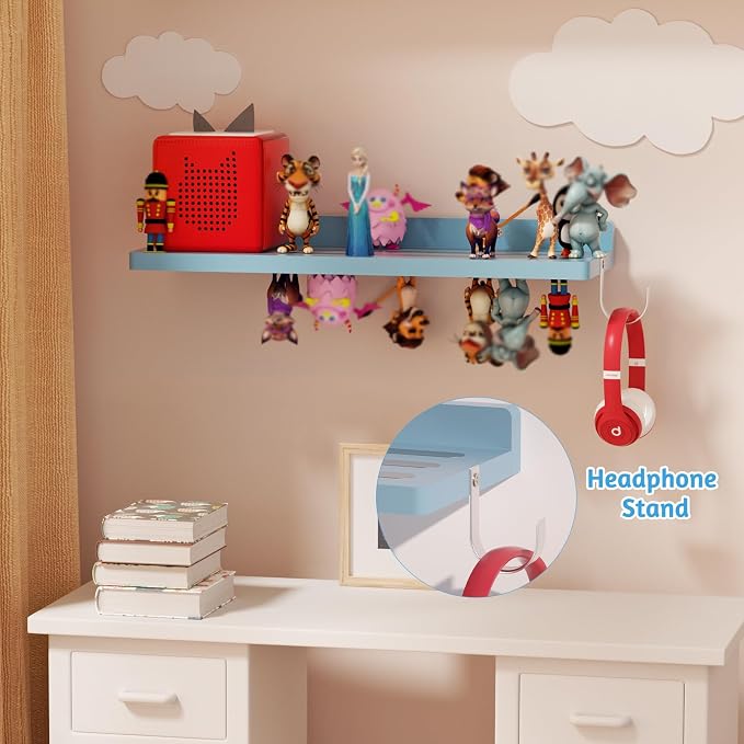 for Tonies Shelf Magnetic - 1 Tier Wooden Tonies Figure Organizer, Blue | Tonies Box Holder, Magnetic Display Shelf for Kids Room, Wall Floating Shelves Toy Storage Compatible Charging Station