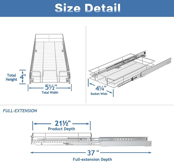 ROOMTEC Pull Out Cabinet Organizer, Pull Out Shelves 5½" W x 21½" D, Heavy Duty Cabinet Drawers Slide Out Kitchen Organizers Storage Shelf