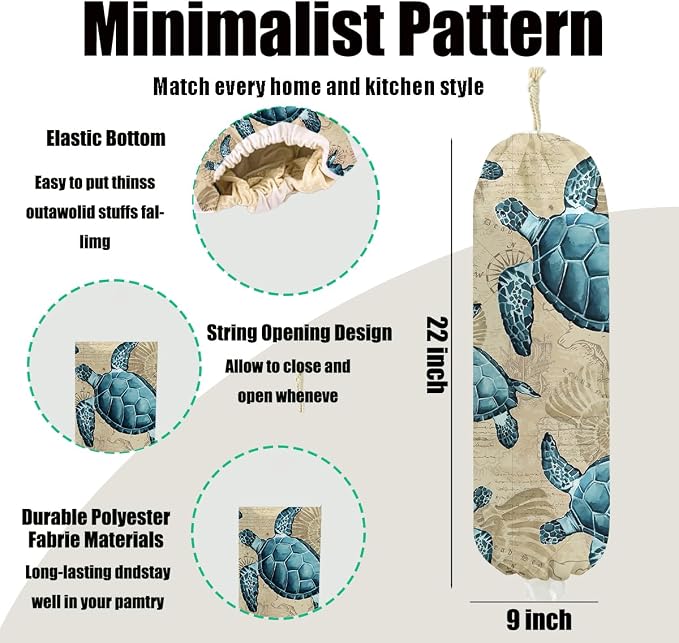 2Pcs Turtle Plastic Bag Holder 22.5x9 Inch, Fish Shells Wall Mount Grocery Bag Holder for Plastic Bags, Reusable Grocery Bags Storage Dispenser for Home Kitchen Decor, Sea Turtle Gifts for Women Mom