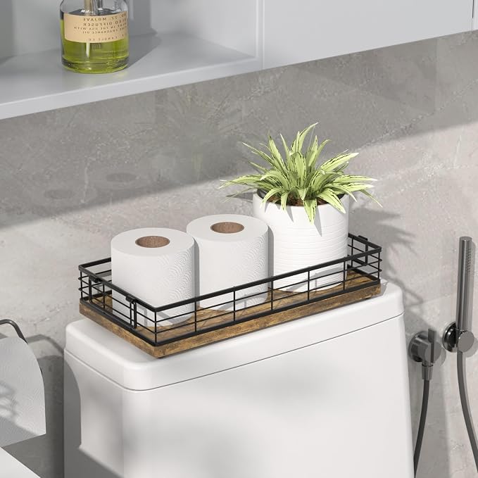 Toilet Paper Basket, 13 Inch Farmhouse Bathroom Basket MDF and Iron Tray Top of Storage Toiletries Organizer for Bathroom, Living Room and Kitchen (Rusty)