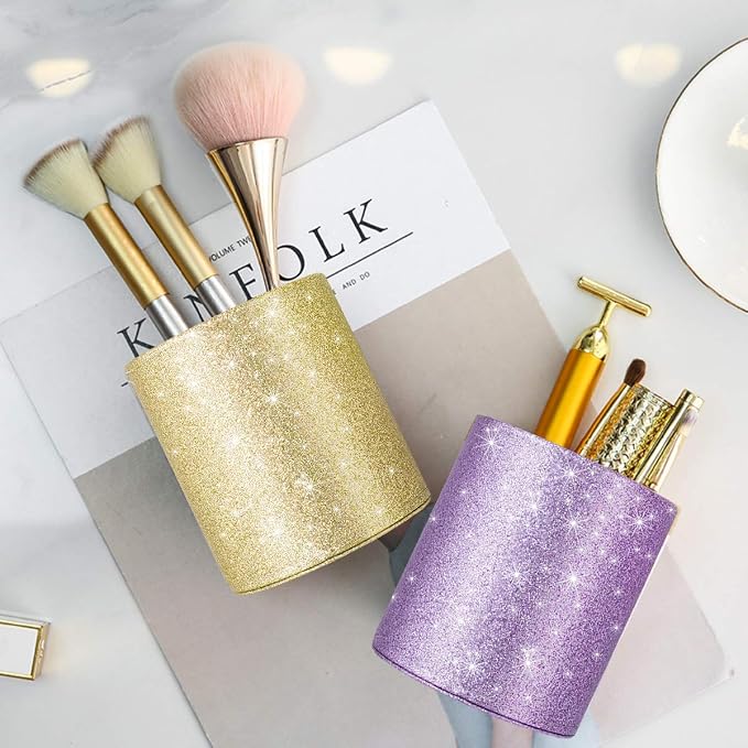 Gold Pencil Holder, Decorative Pens Holder for Desk, Makeup Brushes Organizer for Table, Large Pu Leather Multi-Functional Organizer Cup for Office, Classroom, Home, Champagne Gold