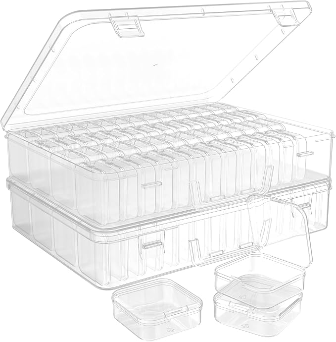 Portable Bead Organizer, 120Pcs Small Clear Storage Boxes with Hinged Lid and Large Craft Case with Handle, Mini Plastic Containers for Jewelry Making Diamonds Arts Screws Seeds Small Parts