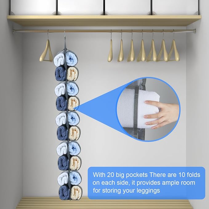 2-Pack Hanging Storage Legging Organizer for Wardrobe, Grey | Hang on closet rod, behind door, or wall. 20 Pockets, leggings jeans, scarves. Space-saving for bedroom, dorm,apartment