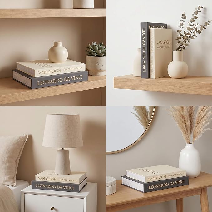 MAOBUYOU Decorative Storage Books Set of 2, Linen Cover, Gold Letters, Beige and Dark gray