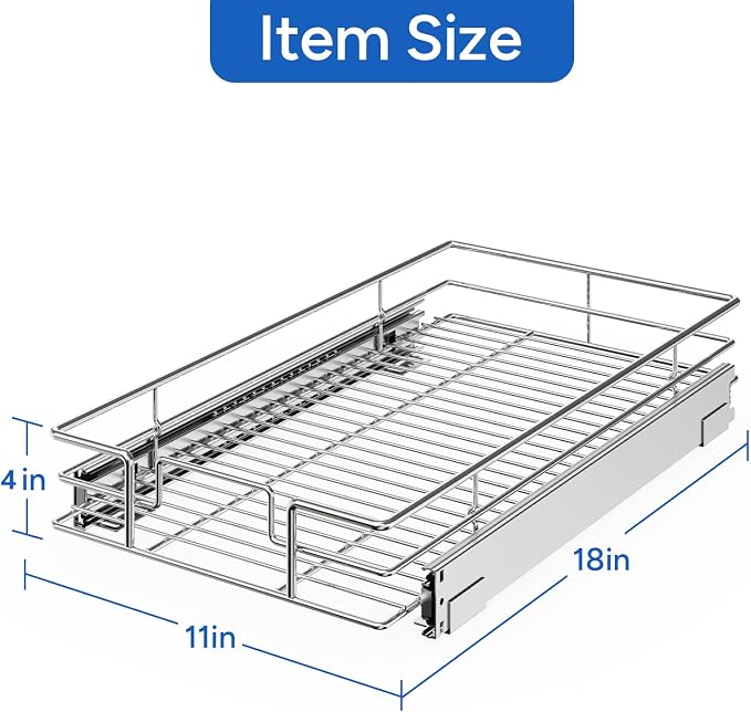 ROOMTEC Pull Out Cabinet Organizer, Cabinet Pull Out Shelves 11" W x 18" D, Heavy Duty Cabinet Drawers Slide Out Kitchen Cabinet Organizers Storage Shelf