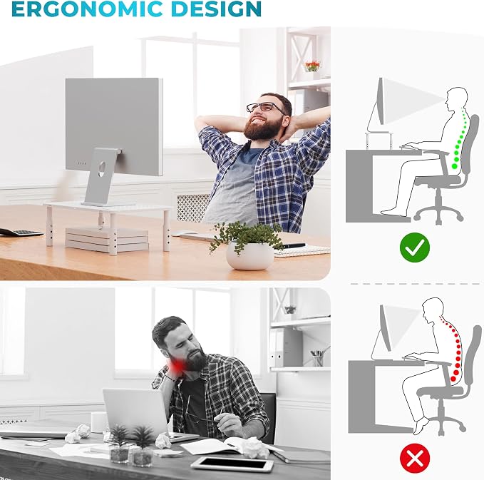 BONTEC Monitor Stand for Desk 2 Pack, 3-Level Height Adjustable Metal Monitor Riser, Ergonomic Computer Stand with Pen Holder & Cable Management for Printer, Laptop, Office Workstation, White