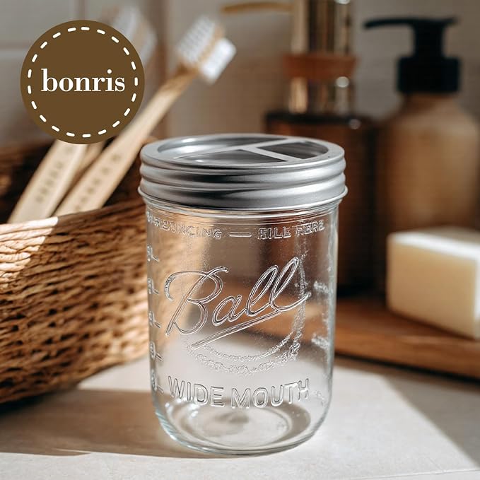 2Pcs Mason Jar Toothbrush Holder 16oz Glass with Premium Rustproof 304 Stainless Steel Lid-Farmhouse Bathroom Organizers and Storage（Silver）