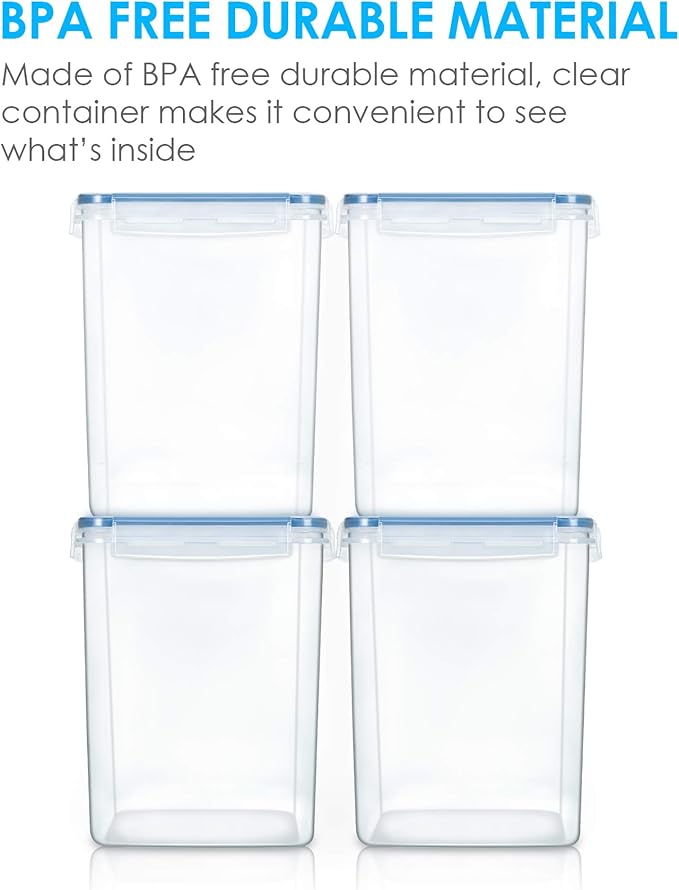 Vtopmart Large Food Storage Containers 5.2L / 175oz, 4 Pieces BPA Free Plastic Airtight Canisters for Flour, Sugar, Baking Supplies, Rice with Lids, 4 Measuring Cups and 24 Labels, Blue