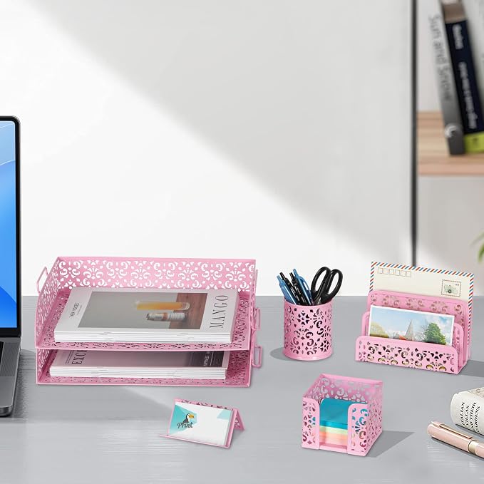 EasyPAG Desk Organizers and Accessories 5 Pieces Office Supplies Set - 2 Tier Paper Tray, Pencil Organizer for Desk, Mail Sorter Countertop, Business Card Holder and Sticky Note Holder, Pink