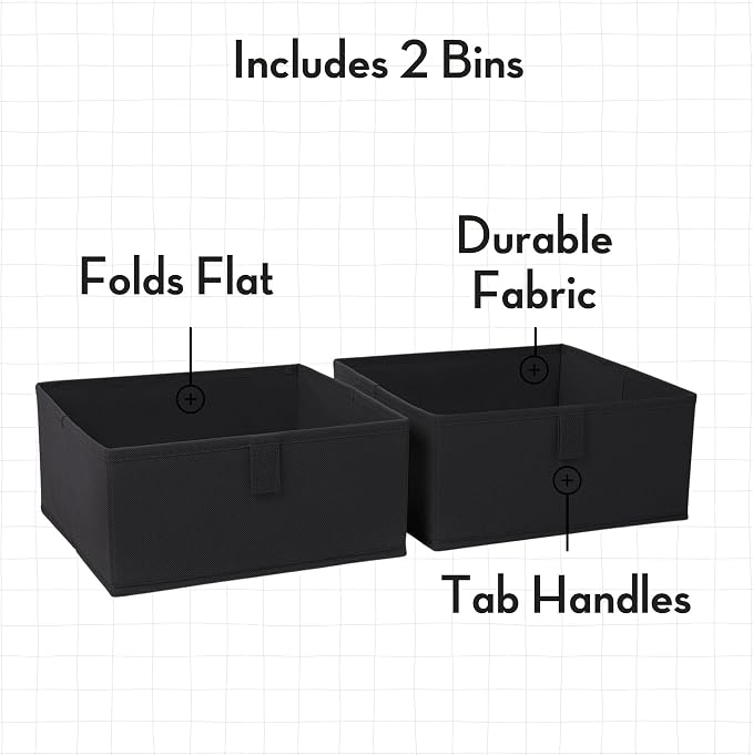 RiverRidge Kids 2pc Folding Storage Bins Set - 10.5” Bin Organizers with Handles - Black Closet Organizers & Storage for Toys, Games, Shoes - Foldable Cube Storage Organizer Bins for Playroom, Nursery