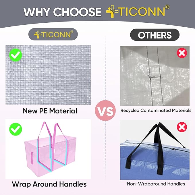 TICONN 4 Pack Extra Large Moving Bags Heavy Duty with Zippers & Carrying Handles, Durable Storage Bags Moving Boxes for Closet Organizers and Storage (4 Pack, Pink)