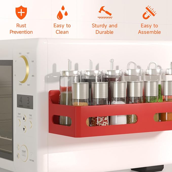 Sevenblue 4-Pack Magnetic Spice Rack for Refrigerator with Hooks, Red | Strong multipurpose magnetic shelf for kitchen & bathroom organization. Includes 4 removable hooks for hanging items.