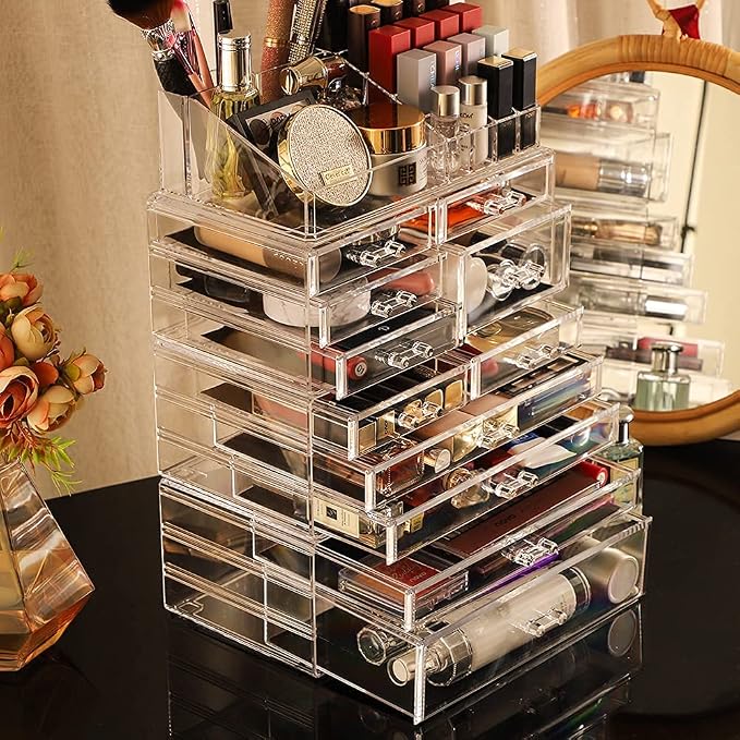 Cq acrylic 4 Pack Clear Skincare Organizer for Vanity,Stackable 11 Drawers Make Up Organizer,Cute Cosmetic Organizer for Vanity Jewelry,Hair Clip,Beauty,Skincare Product Dresser Acrylic Desk Organizer