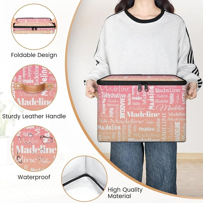 Custom Storage Basket with Name, Personalized Keepsake Box with Zipper Lid, Foldable Fabric Memory Bin Large capacity with Handle Pink Apricot