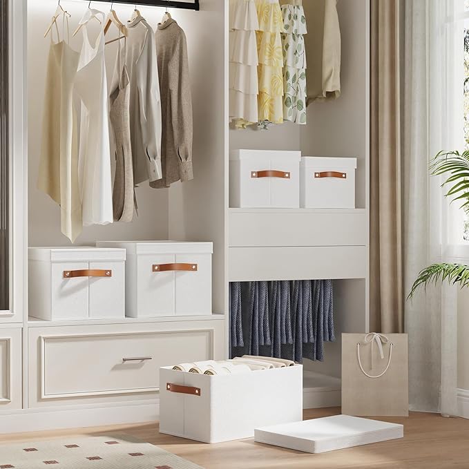 Fabric Storage Baskets,White Boxes,16.5x11.8x10.2In,5 Pack | Foldable Storage Bins with Lids,Shelves Organizers for Wardrobe,Bedroom,Decorative Closet Cubes for Shoes Towel Book