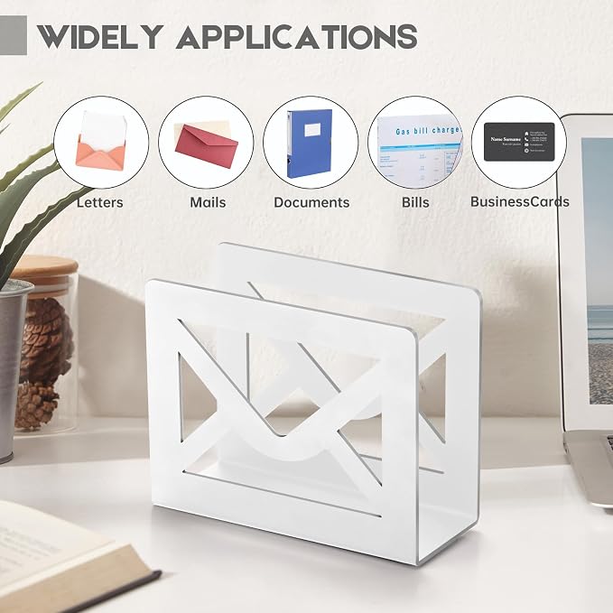 Desktop Metal Mail Holder,Letter Organizer for Desk (White) | Modern,Cutout Envelope Design,Envelope and Document Storage Rack for Home and Office