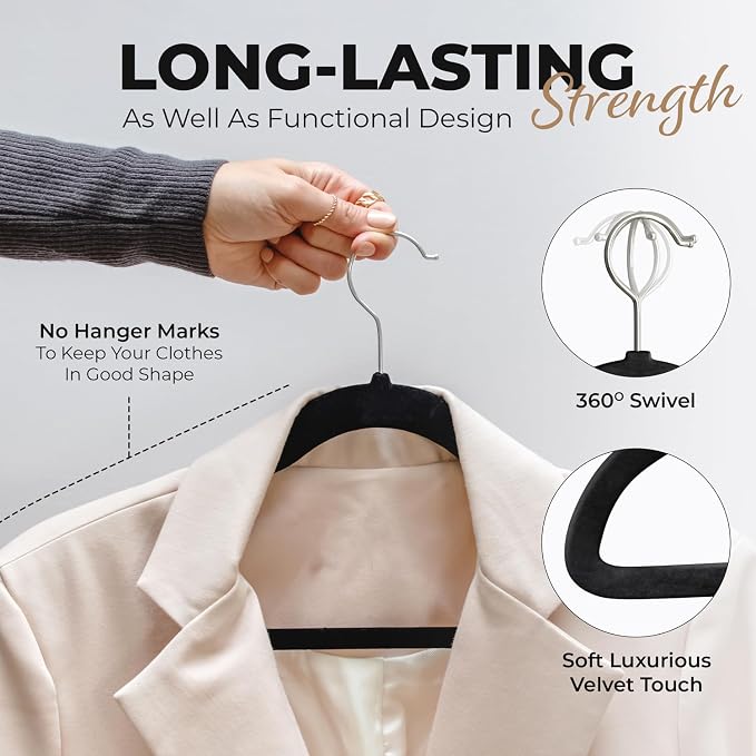 Our Modern Space 100 Pack Velvet Hanger for Shirt Pants Dresses Skirts Suits Jackets - Slim Space Saving Design - Standard Coat Hanger - Sturdy & Durable Design with Shoulder Grooves Hook