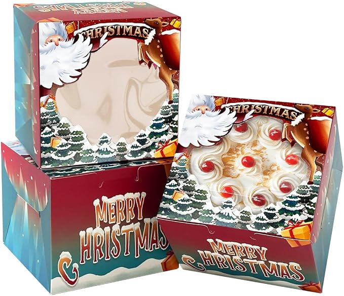 qiqee Christmas 10x10x5 Cake Box, 4 Sets Christmas Cake Box with Window ＆ 4 Sets 10 Inch Christmas Snow House Cake Round Boards, 10 Inch Cake Containers
