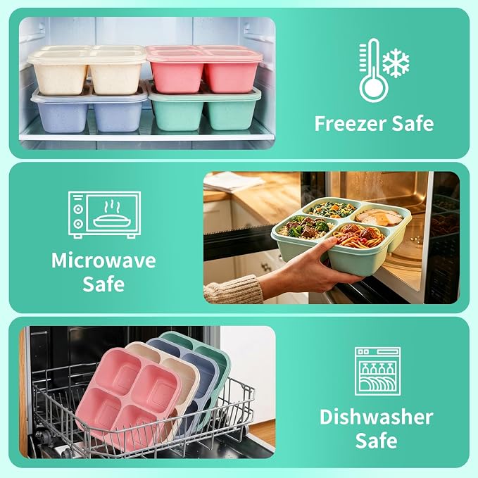 buluker 4 Pack Bento Snack Containers Set， 4 Compartment Food Storage Containers ，Wheat Straw Meal Prep Lunch Box ，Plastic Food Storage container, Microwave and Dishwasher Safe (4colour)