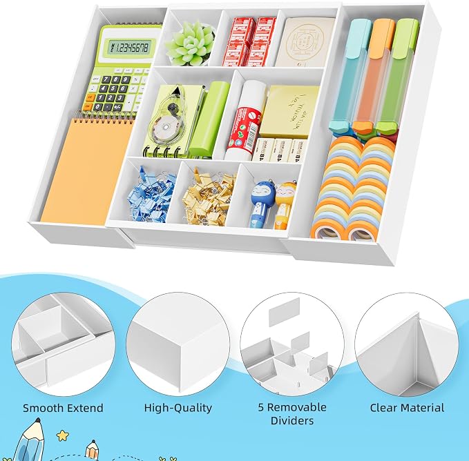 Marbrasse Expandable Desk Drawer Organizer, Clear Plastic Drawer Organizer Tray with 10 Adjustable Compartments, Desk Organizers and Accessories, 5 Drawer Dividers for Office Supplies, Makeup(White)
