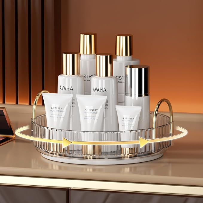 YCIA&DONE 360 Rotating Makeup Organizer and Storage for Vanity Countertop 1 Tier, High Capacity Cosmetic Skincare Perfume Organizers for Dresser Bathroom Fridge Lazy Susan (Clear White)
