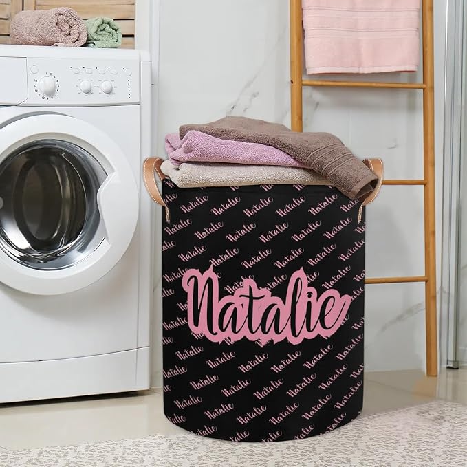 Personalized Laundry Basket, Custom Gift Laundry Hamper, Collapsible Nursery Waterproof Laundry Baskets, Dirty Clothes Toy Hamper with Handles Name Pink Black
