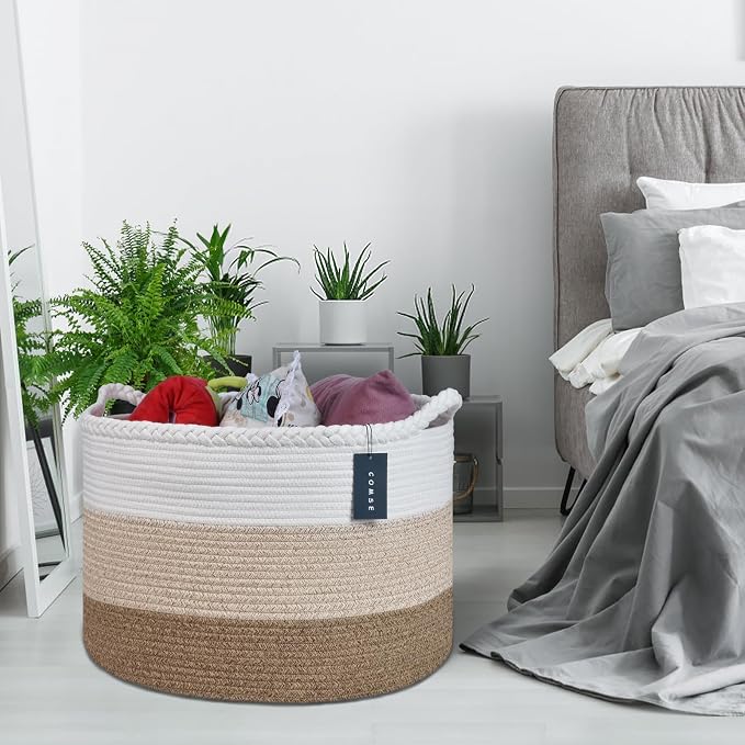 COMSE Extra Large Blanket Basket, Woven Laundry Basket, 21.7”x 13.8”, Nursery Hamper, Cotton Rope Laundry Hamper Living Room for Storage Toys Clothes Towels(White & Gradient Brown)