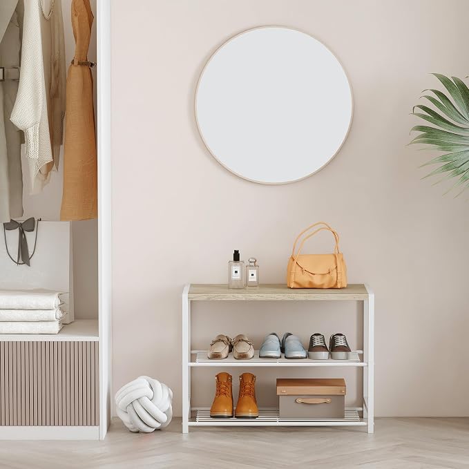 Yusong Shoe Rack Organizer, 3 Tier Industrial Shoe Storage Shelf for Closet Entryway, Narrow Sturdy Metal Shoe Shelves, White