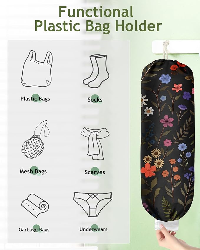 Plastic Bag Holder Organizer - 1 Pack Reusable Canvas Grocery Bags Holder Hanging Wall Cute Aesthetic Shopping Bag Storage Dispenser with Drawstring Closure for Kitchen Home, Black Floral
