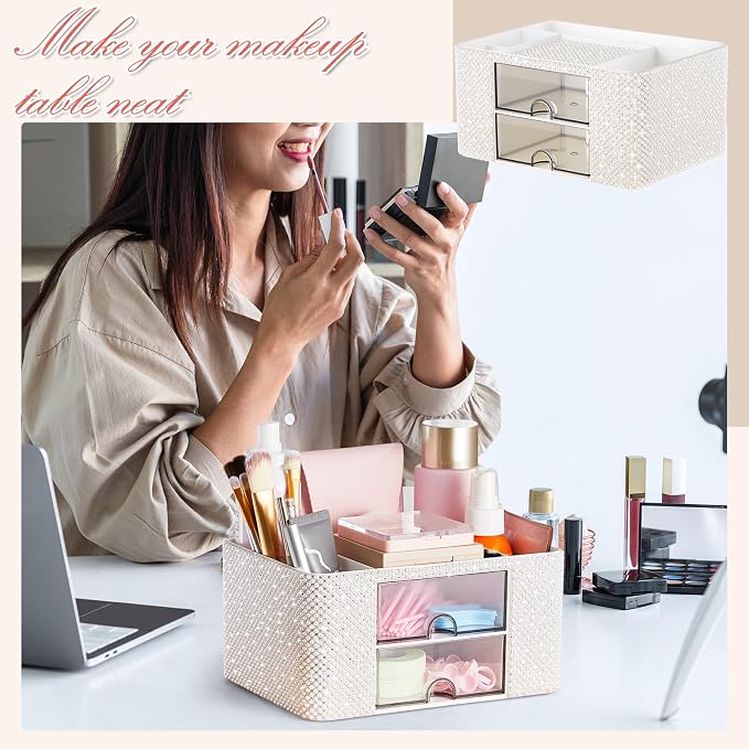 MotiMind White Bling Desk Organizer with 2 Drawer, Sparkly Makeup Organizer for Vanity, Girly Desk Accessories, Rhinestone Pen Holder, Elevate Your Workspace with White Serenity (Pearl)