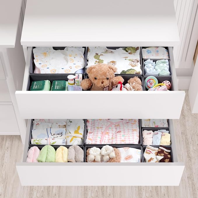 14 Pack Drawer Organizer for Clothes Dresser Organizer for Nursery-Perfect Baby Cloth Organizer and Storage General Nursery Organization or Dresser Drawer Organizer Bins Foldable Washable Grey