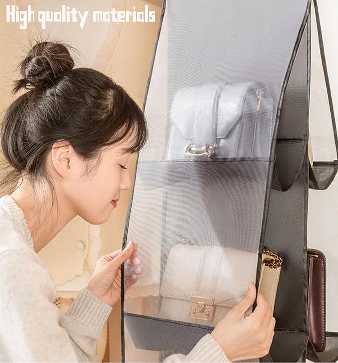 MURRI&MURRDI Hanging Handbag Organizer for Closet, Purse Storage Holder with 8 Clear Mesh Pockets, Space Saving Purse Hanger for Wardrobe, Black