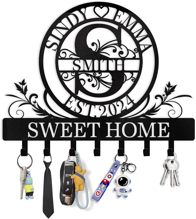 Dyoart Personalized Key Holder for Wall - Custom Family Name Metal Wall Key Hanger, Key Hooks with Monogram Design, Anniversary Couple Gifts, Key Rack Holder Wall Mount for Living Room, Bedroom