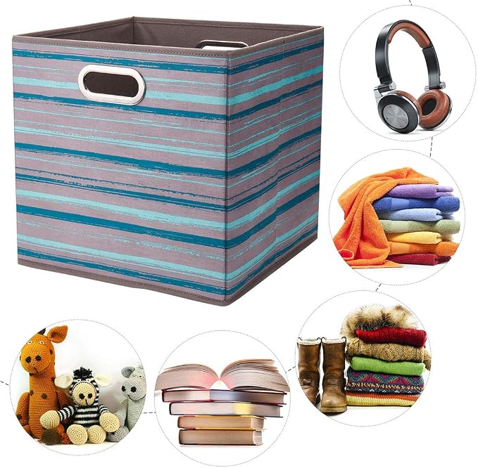 Cloth Storage Bins Set of 4 Thick Fabric Drawers Foldable Cubes Basket Organizer Container with Dual Metal Handles for Shelf Cabinet Bookcase Boxes Gray-Blue Stripes 13x13x13 inch