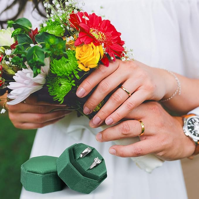 DesignSter Velvet Jewelry Ring Box,2 Slots Jewelry Ring Gift Box Vintage Ring Display Holder with Detachable Lid for Proposal, Engagement, Wedding, Ceremony(Dark green)
