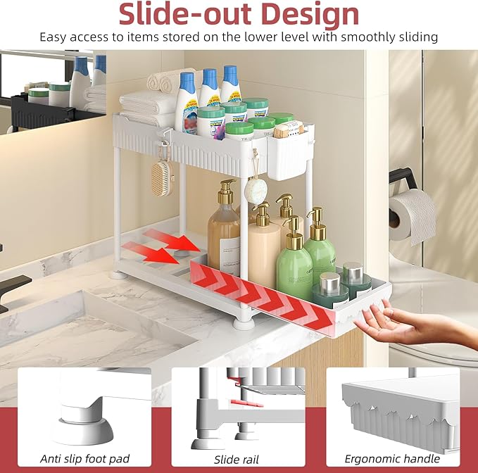 Sevenblue 4-Pack 2-Tier Under Sink Organizer with Pull Out Drawers | Multi-use kitchen & bathroom storage. Includes hanging hooks and cups. White, space-saving cabinet design. 14.8 Inch