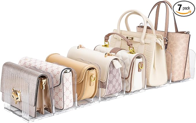 7 Pack Clear Acrylic Purse Divider, No Assembly,Adjustable Handbag Organizer, Anti-Scratch Closet Shelf Storage for Bags, Books & Files