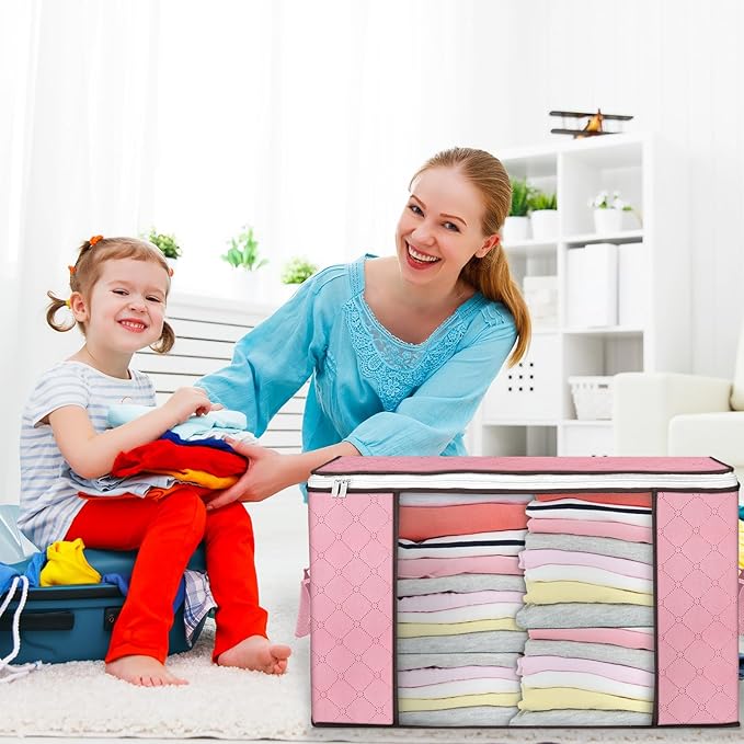 90L Large Storage Bags, 4 Pack Clothes Storage Bins Closet Organizers | Foldable Storage Containers, with Reinforced Handle, for Clothing, Blanket, Comforters, Bed Sheets, Pillows and Toys,Pink