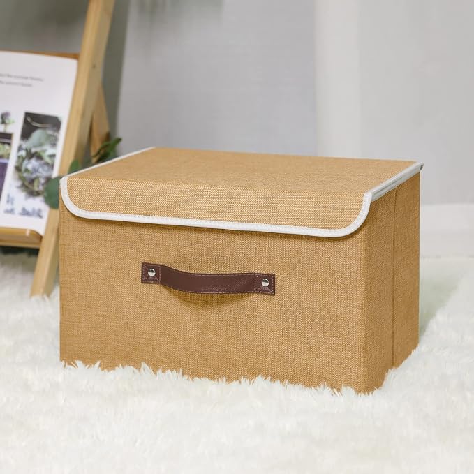 ANMINY Storage Bin with Lid Storage Boxes with PU Leather Handles PP Plastic Board Decorative Foldable Lidded Cotton Linen Fabric Home Cubes Baskets Closet Organizer Container - Khaki, Large Size