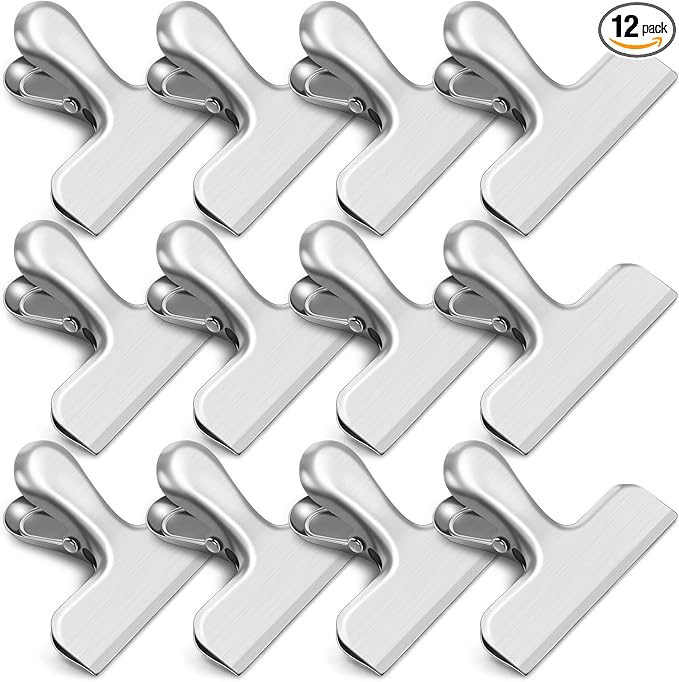 12 Pack Chip Clips, Stainless Steel Bag Clips & Food Clip, Heavy Duty Bag Clip for Food Storage, Air Tight Seal Perfect for Kitchen and Office Usage (Silver)
