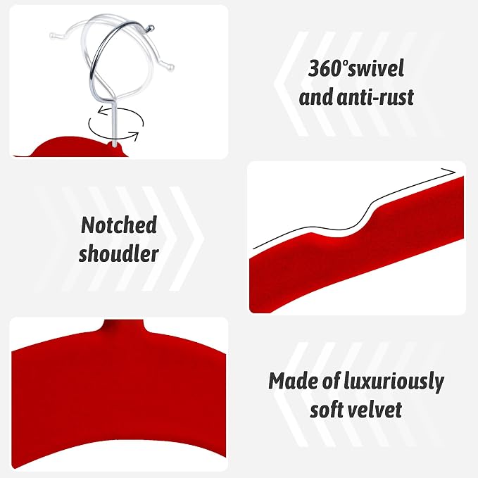SIshynio 30 Pack Velvet Hangers – Non-Slip Slim Clothes Hangers with 360° Swivel Hook, Heavy Duty Flocked Shirt Hangers for Dresses, Suits, Blouses, Coats(Red)