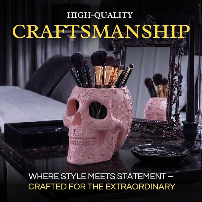 Skull Makeup Brush Holder, Pen Holder, Vanity, Desk, Office Organizer, Stationary, Decor Planter, Candy Bowl, Goth Decorations, Extra Large, Skulls Gothic Skull & Bones Organizer Bathroom (Cloud Pink)